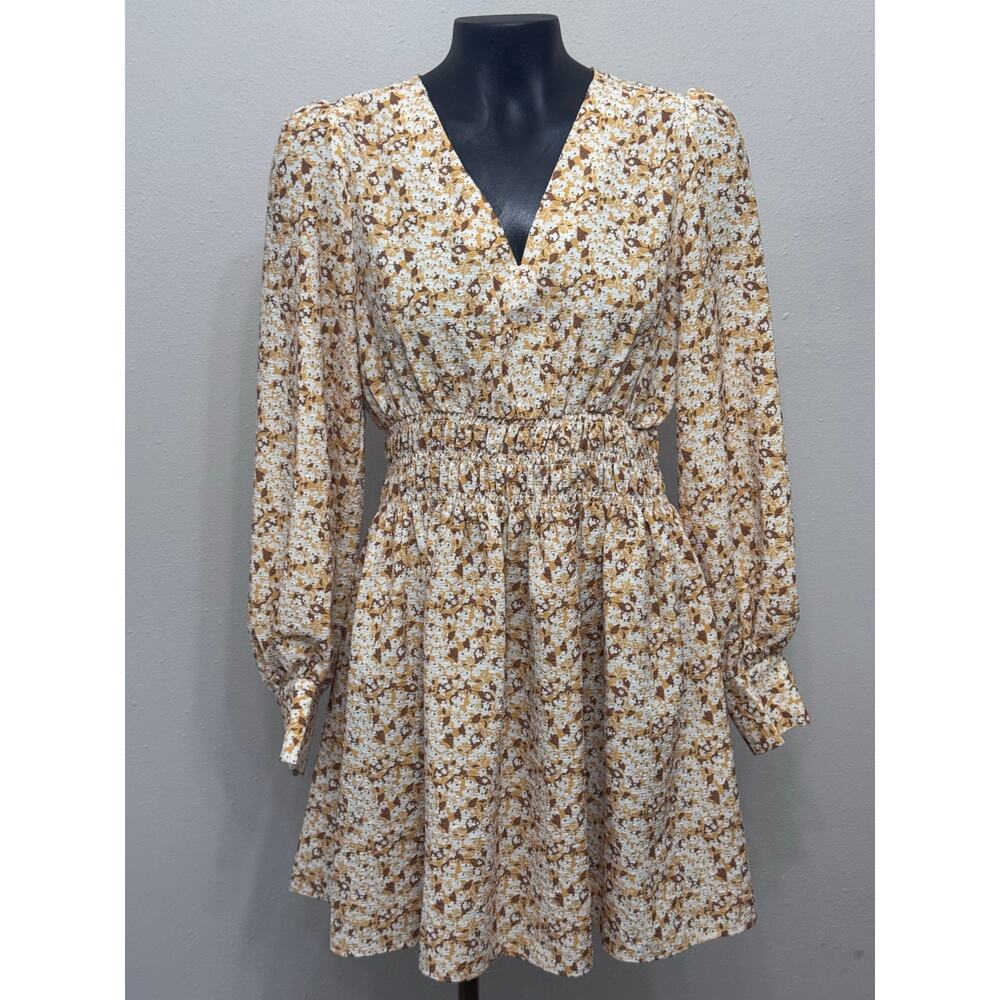 Urban Revivo Women’s 6 Floral Smock Waist Midi Dress Puff Sleeve Retro Boho Twee